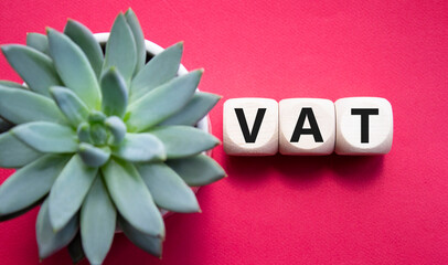 VAT - Value Added Tax symbol. Wooden cubes with word VAT. Beautiful red background with succulent plant. Business and Value Added Tax concept. Copy space. - obrazy, fototapety, plakaty