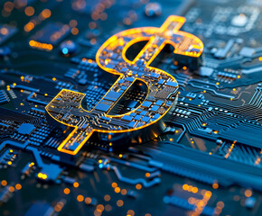 Electronic digital Dollar sign on top of a technology circuit board.
