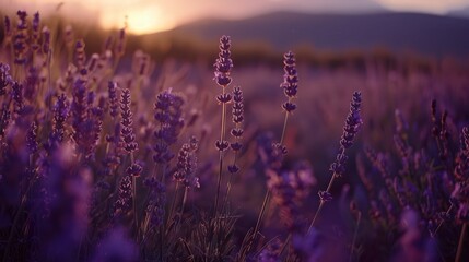 A majestic purple lavender field under a twilight sky with distant mountains lending a dramatic contrast