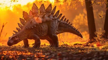 A stegosaurus stands fierce among the fiery autumn foliage, creating a stunning prehistoric scene