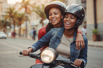 Happy young African American women riding a blue scooter together around the city on a highly blurred street background - Powered by Adobe