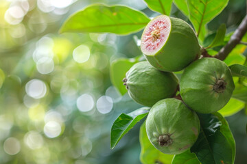 Guava fruit on the tree in the garden with green leaves background