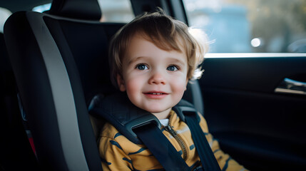 the child's car seat with seat belt fastened and smiling, car interior in the background