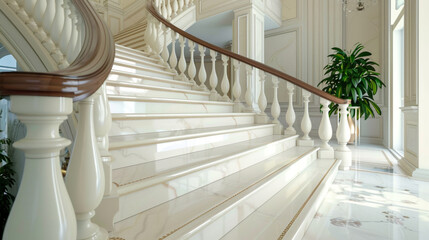 Cream white stairs with a polished wooden handrail, full side view in a luxurious home.