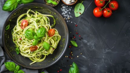 Savory Delight Zucchini Pasta Spaghetti with Vibrant Green Sauce Pesto for a Delicious and Wholesome Meal

