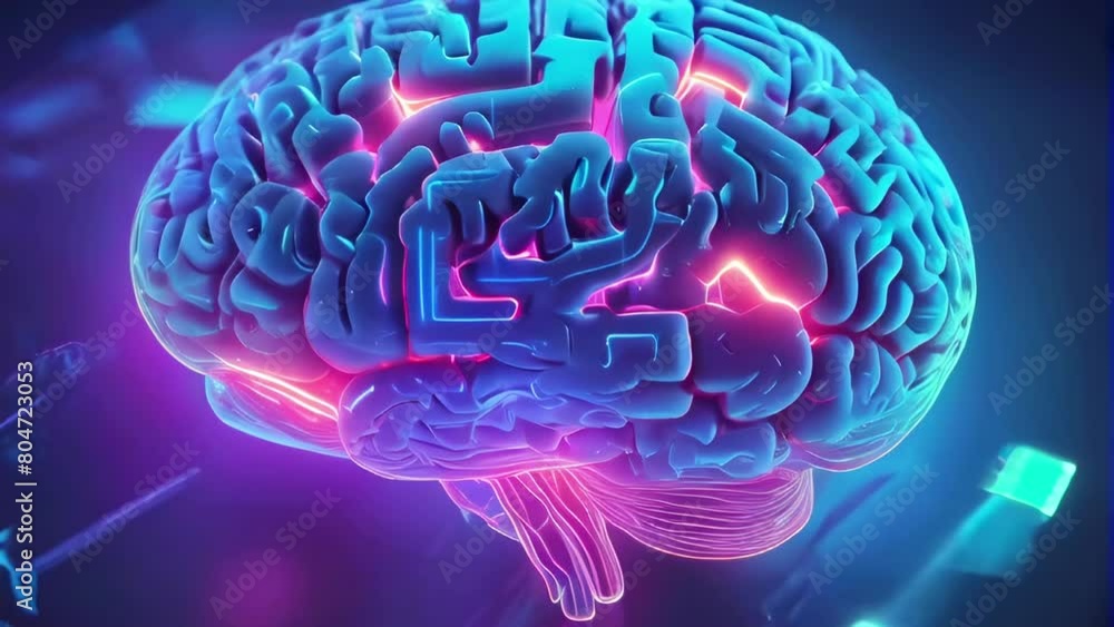 Poster futuristic brain art in neon colors. glowing brain in an intricate network setting. concept of cogni