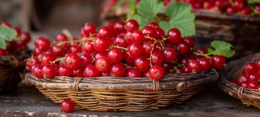 Redcurrant photography. A basket with Redcurrant photography. Fresh Redcurrant in a basket horizontal banner poster