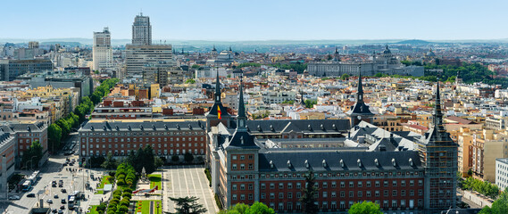 Great panoramic view of the city of Madrid with historical and monumental buildings, Spain.