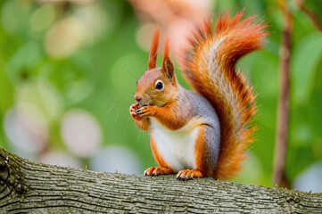 Eurasian red squirrel (Sciurus vulgaris) searching for food in the forest