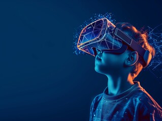 Neural lowpoly AI futuristic neon network of a child wearing VR AR headset