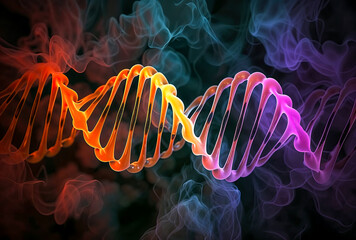 Colorful DNA strands with bright colors on a a dark smoke colored background. 