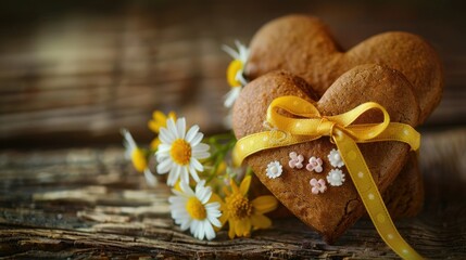 In the rustic charm of a wooden studio setting a delightful macro shot captures a heart shaped gingerbread adorned with a sunny yellow ribbon and delicate flowers