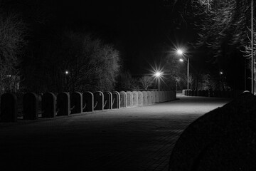 black and white photograph of a night park