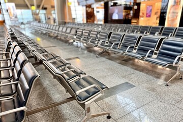 A row of stainless steel chairs in the station waiting area, each one filled with leatherette for...