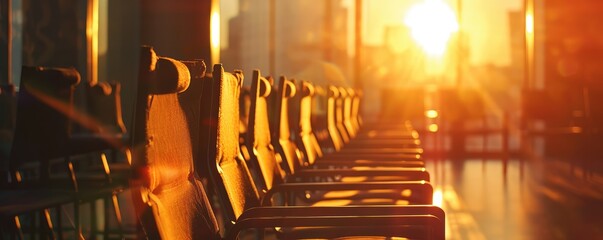 The sunset casts a warm glow inside a room filled with empty chairs lined up for a meeting