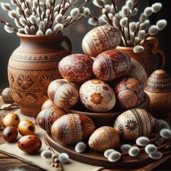 Easter eggs in an eco-style with floral designs and willow twigs