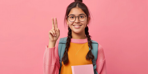 girl holding book and pointing finger up side