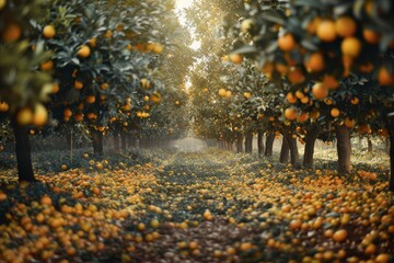 Orchard harvest of ripe orange trees low angle view background - Powered by Adobe