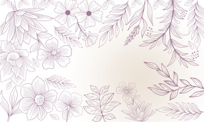 Classic Vintage outline floral seamless pattern. Spring flowers. Purple stroke with light beige background. Template design. Space for custom text in centre. Space for wishes. Editable EPS 10.