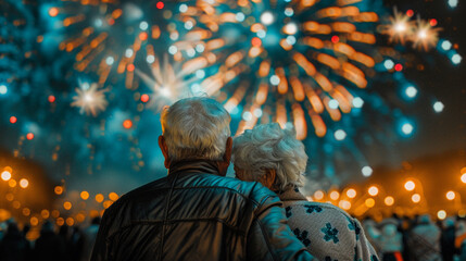 Older couple enjoying the Fourth of July fireworks display 