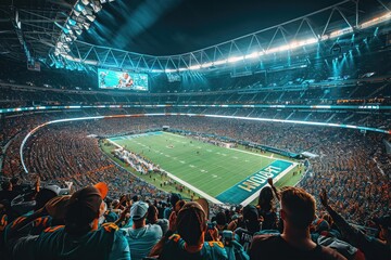 A packed stadium full of people watching a football game