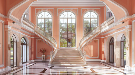 Elegant peach-toned entrance hall with a grand staircase and panoramic windows in a luxurious American interior.