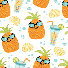 Pineapple seamless pattern. Vector background with summer holiday. Cute texture with fruits and cocktails on a white background.