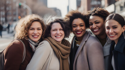 Portrait of cheerful mixed age range multi-ethnic women celebrating International Women's Day
 - Powered by Adobe