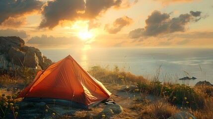 Orange tent on coastal cliff at sunset. Summer travel, adventure and journey concept. Healthy active lifestyle and hiking trip. Design for wallpaper, banner with copy space. Camping, campsite - Powered by Adobe