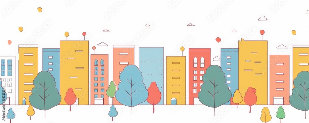 Poster line drawing of buildings and trees in the city, with a flat design style using colorful, minimalist