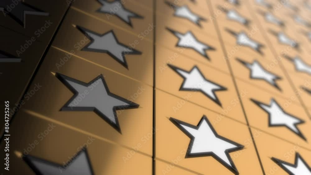 Poster seamless looping 3d animation of an abstract background with black and silver stars on golden backgr
