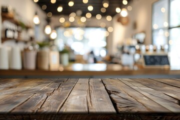 Wood table background, Shelf at cafe shop, Perspective wood over blur cafe with bokeh light background, Table for product display, Empty wooden counter in blur white room for mockup - generative ai