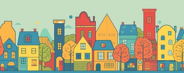 line drawing of houses and buildings in the city children's book illustration style Generative AI