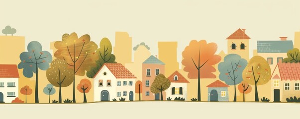 cityscape, with simple shapes and lines, using primary colors, cute cartoon style houses and trees Generative AI