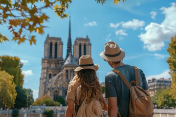 A couple of tourists in casual attire admire the splendid Notre-Dame Cathedral from a Parisian bridge on a sunny day