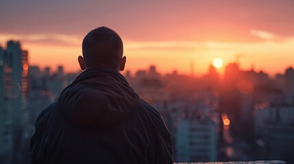 Thoughtful man contemplating sunset over city skyline, urban backdrop