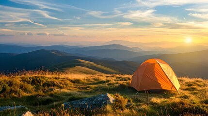 Orange tent on mountain ridge at sunrise. Summer travel, adventure and journey concept. Healthy active lifestyle and hiking trip. Design for banner, wallpaper with copy space. Camping, campsite