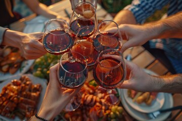 Close-up of friends clinking wine glasses over a table full of delicious food, embodying celebration and companionship