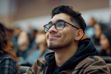 Young male student smiling while sitting in an audience, possibly attending a lecture wearing glasses