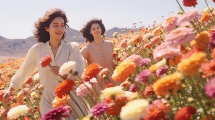 Two Women Walking Through Field of Flowers