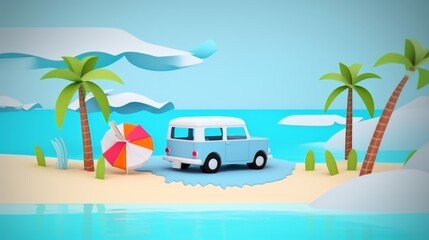 Van Parked on Beach With Beach Ball and Umbrella