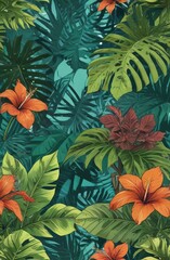 Vibrant red hibiscus flowers amidst lush monstera leaves on teal tropical backdrop