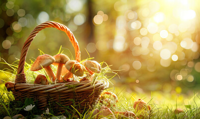 A wicker backet full of the many mushrooms put in the green forest. - Powered by Adobe