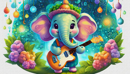 oil painting style CARTOON CHARACTER baby elephant Young aspiring musician holding an electric guitar with stage,
