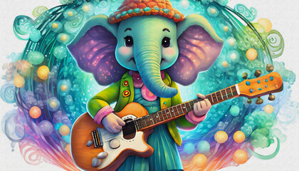 oil painting style CARTOON CHARACTER baby elephant Young aspiring musician holding an electric guitar with stage,