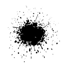 Black paint stain isolated on white paper background with drops and dots around - vector illustration with natural textures and details - paint naturally splashed around one big black point in the cen