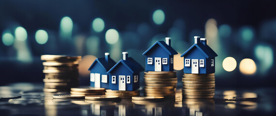 Four miniature houses atop stacked coins, symbolizing real estate investment. Bokeh background