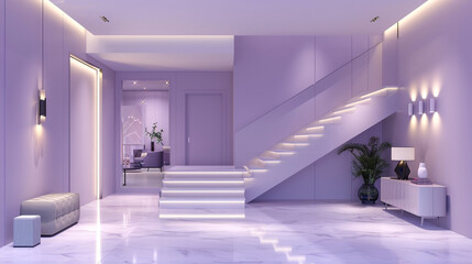 Modern American interior with a soft violet entrance hall, featuring a sleek staircase and...