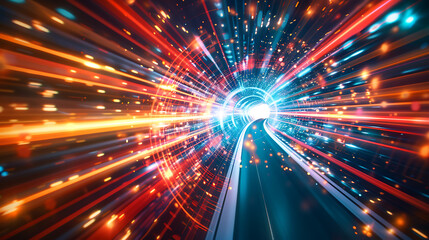 Naklejka premium The image is vibrant, with red, orange, and blue hues dominating the scene. It appears to represent digital data or information traveling at high speed through a tunnel or pathway