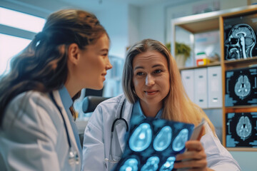 Fototapeta premium Two Female Doctors Examining X-Ray Image